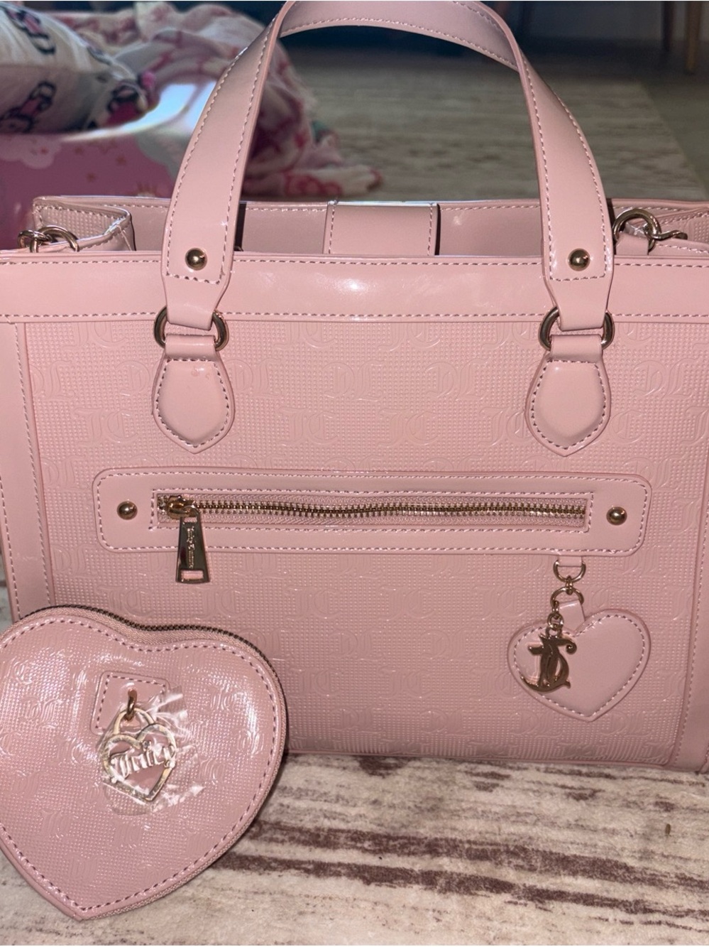 Juicy Couture Pink Patent purse with Heart charm coin purse, wallet 3 piece set